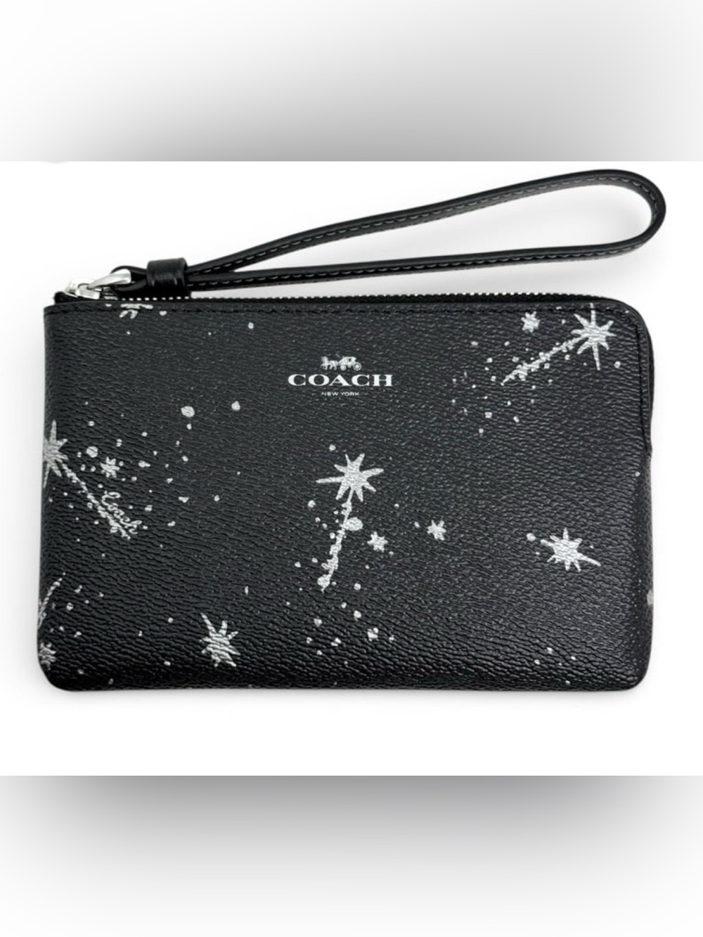 Coach Black Leather Star-Print Wristlet Pouch